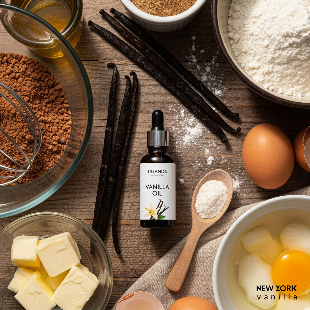 Vanilla oil for baking with fresh vanilla beans, cookies, and cake ingredients on rustic kitchen table