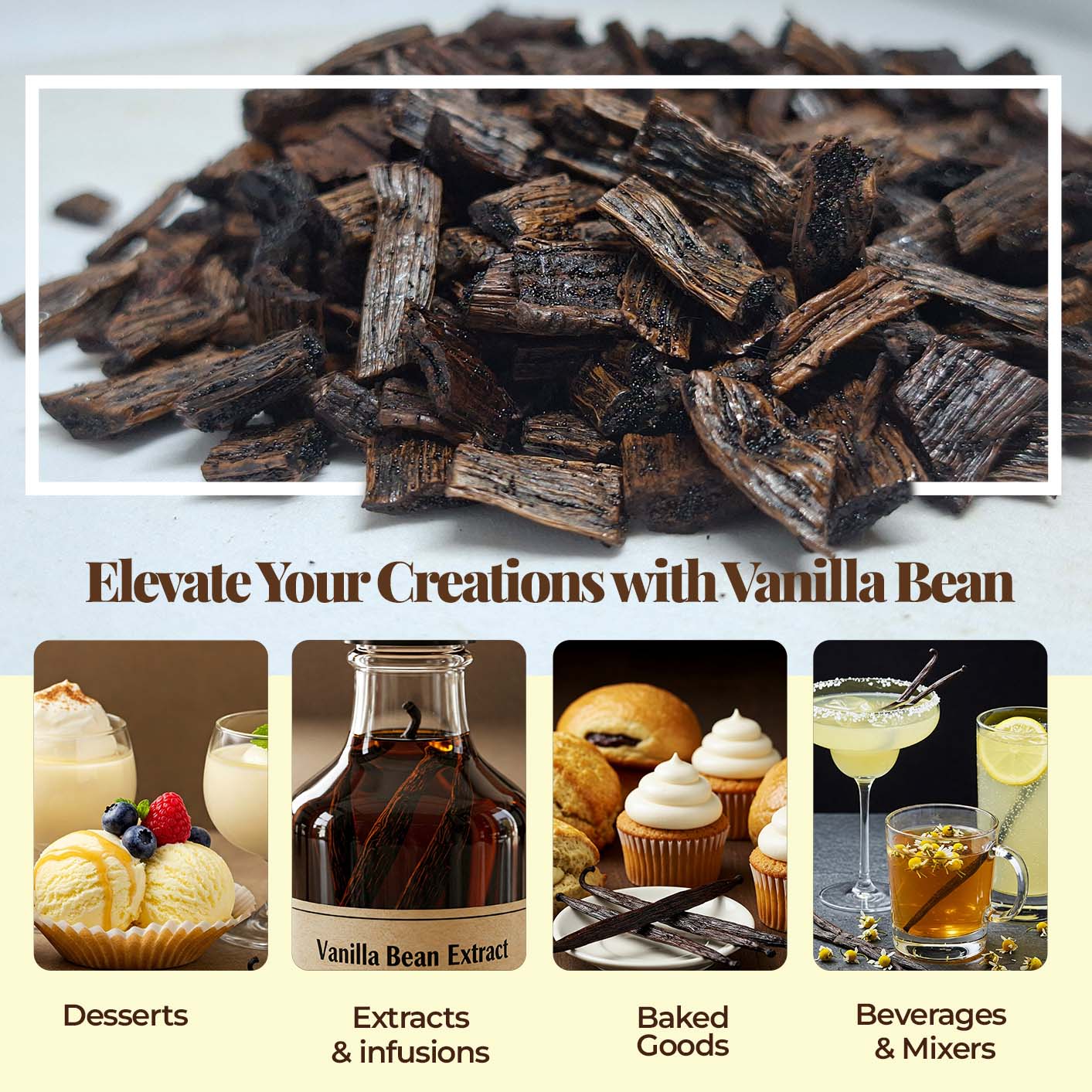 Close-up of dried vanilla cuts showing rich brown vanilla beans