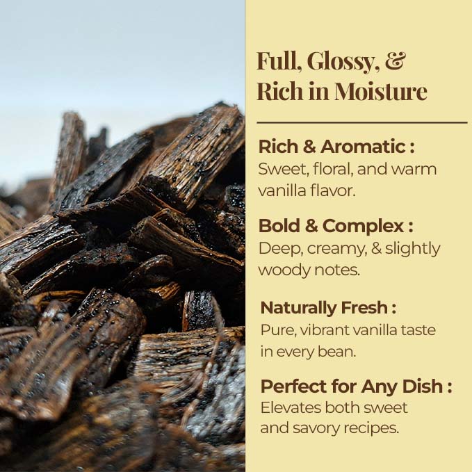 Close-up of dried vanilla cuts showing rich brown vanilla beans