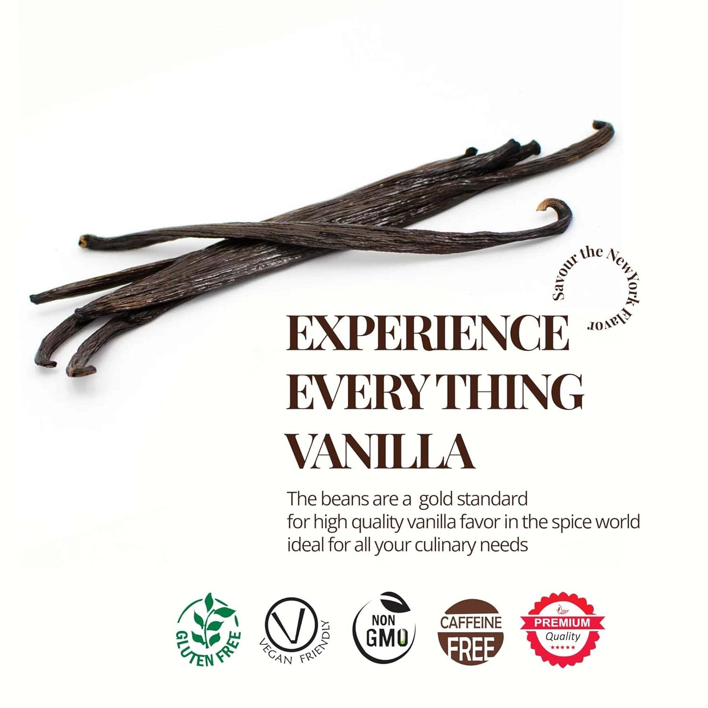 Gourmet vanilla beans – premium Grade A ugandan vanilla pods on white background with trusted badges