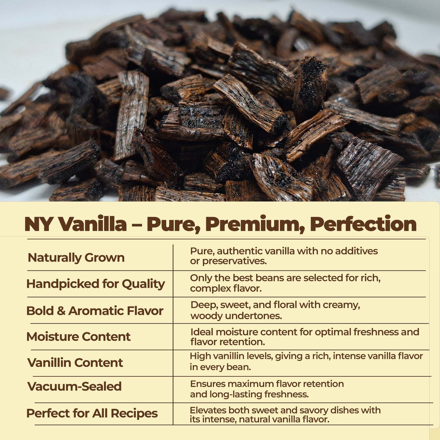 Handheld NY Vanilla vanilla cuts highlighting texture and dark vanilla seeds