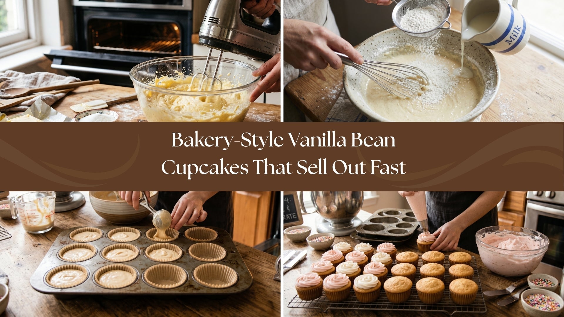 Soft and fluffy vanilla bean cupcakes being prepared and decorated for bakery-style results