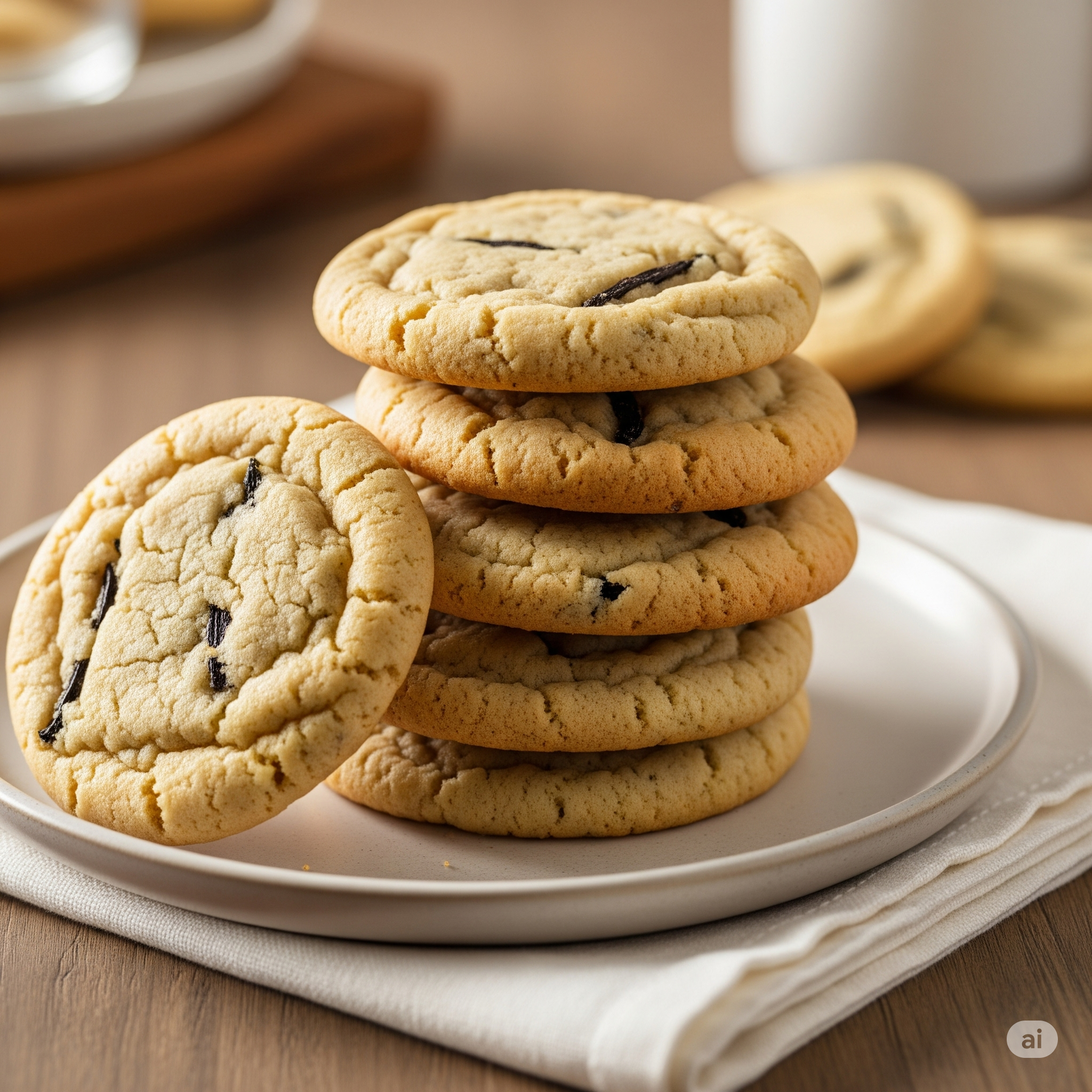 Stack of vanilla bean cookies with visible vanilla specks on a white plate