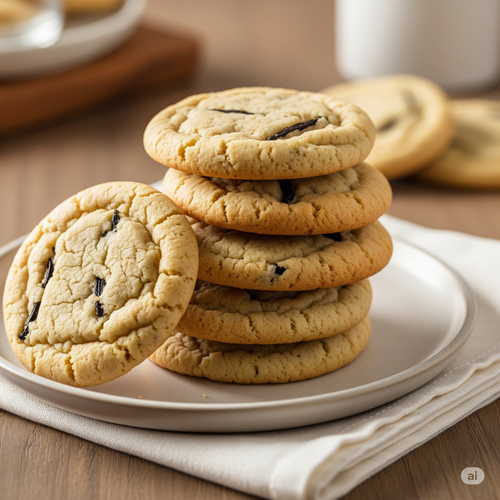 Stack of vanilla bean cookies with visible vanilla specks on a white plate