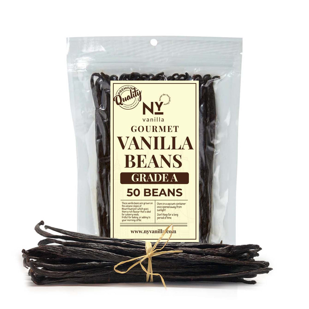 Packaged vanilla beans with a label on a white background.

Packaging of gourmet vanilla beans with a label indicating the brand and quantity.
NY Vanilla.   
Gourmet VANILLA BEANS GRADE A

50 Beans