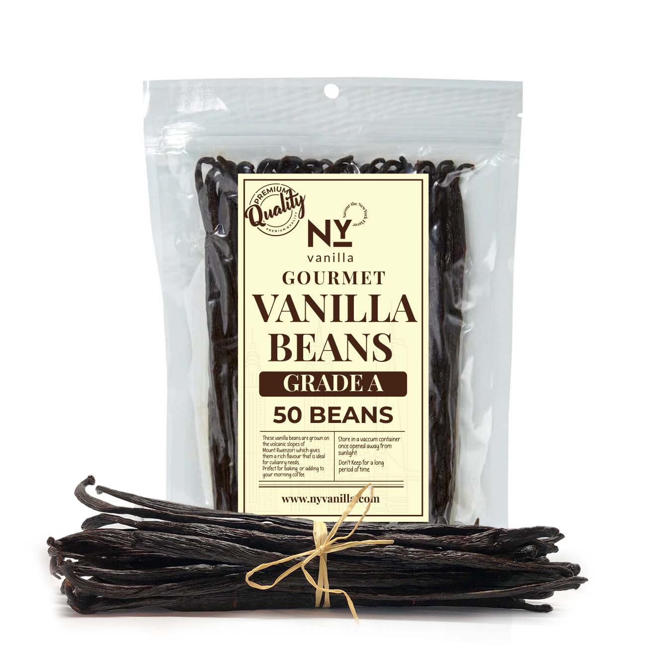 Packaged vanilla beans with a label on a white background.

Packaging of gourmet vanilla beans with a label indicating the brand and quantity.
NY Vanilla.   
Gourmet VANILLA BEANS GRADE A

50 Beans