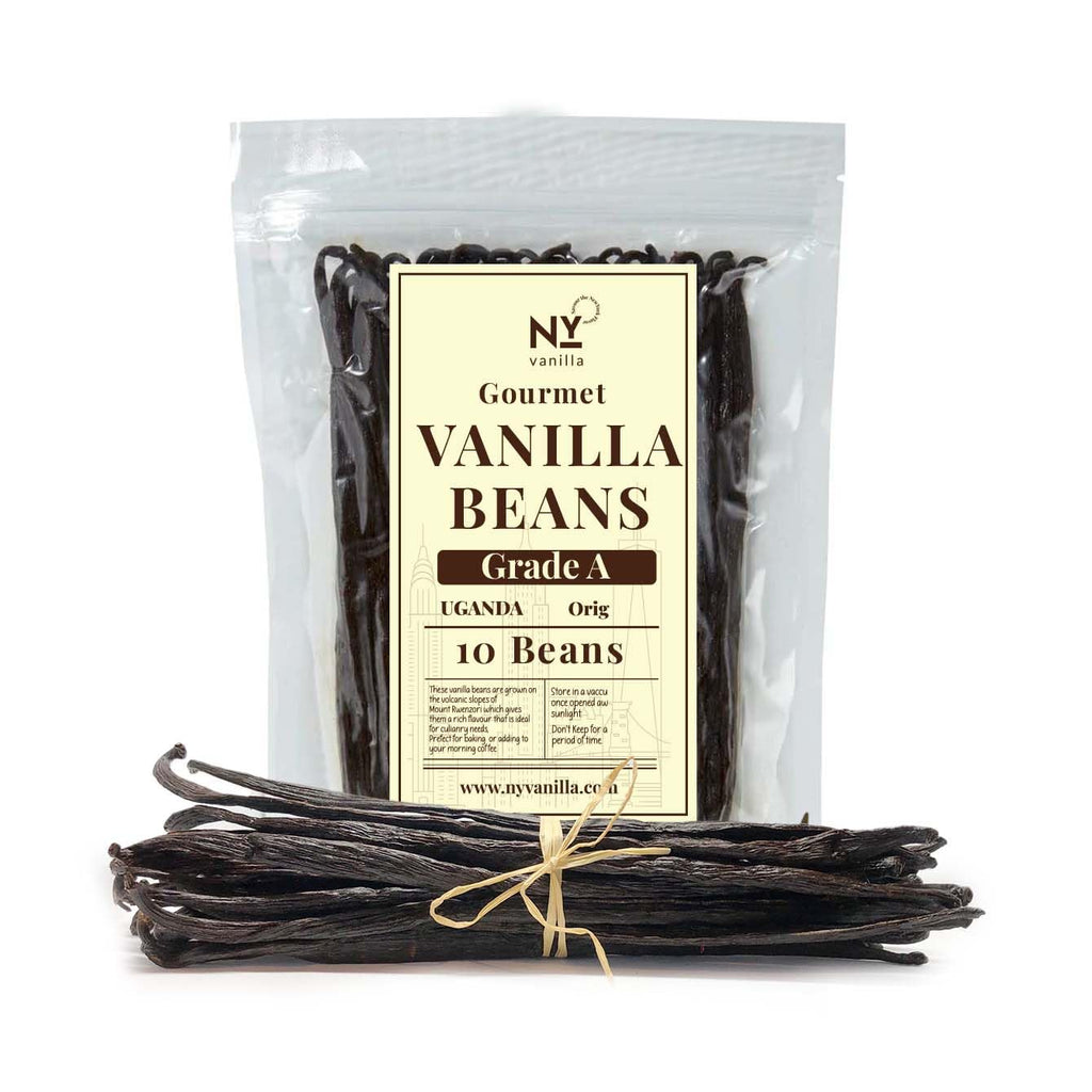 Packaged vanilla beans with a label on a white background