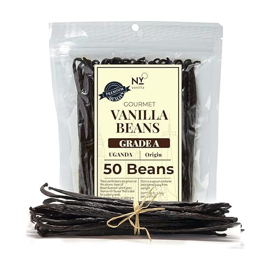 Packaging of gourmet vanilla beans with a label indicating the brand and quantity.