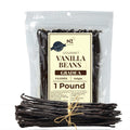 Packaged vanilla beans with a label on a white background
