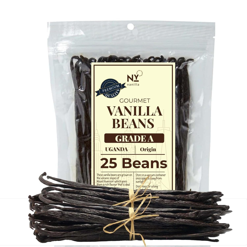 Packaged vanilla beans with a label on a white background