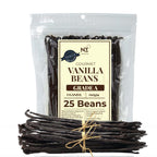 Packaged vanilla beans with a label on a white background
