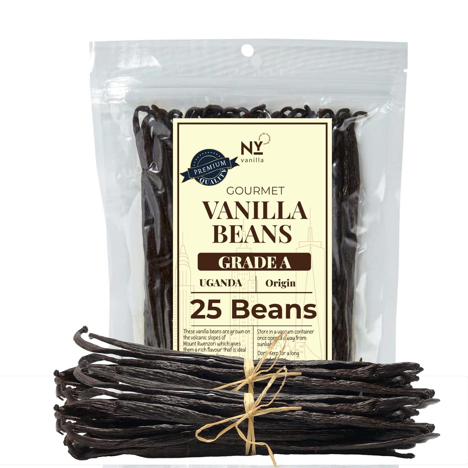 Packaged vanilla beans with a label on a white background