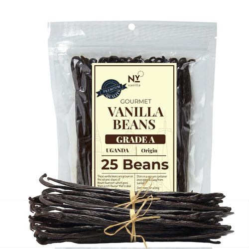 Packaged vanilla beans with a label on a white background