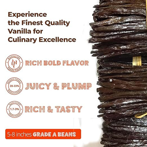 Vanilla beans with text highlighting quality and flavor on a white background