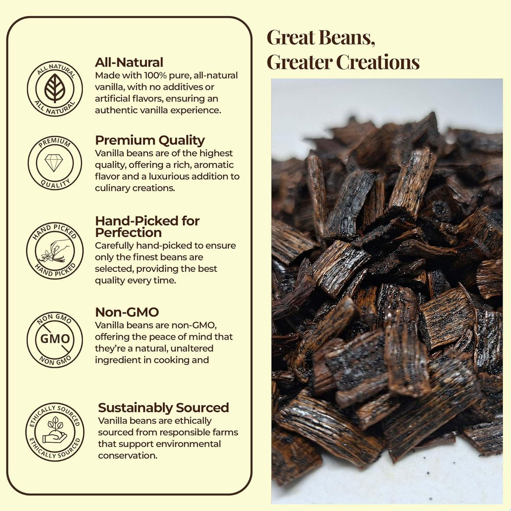 Vanilla beans with certification icons and text on a beige background

Great Beans
Greater Creations

- All-Natural 
Made with 100% pure, all-natural vanilla , with no additives or artificial flavors, ensuring an authentic vanilla experience.
- Premium quality 
Vanilla beans are of the highest quality offering a rich, aromatic flavor and a luxurious addition to culinary creations.
- Hand-Picked for Perfection : Carefully hand-picked to ensure only the finest beans are selected, providing the best quality.