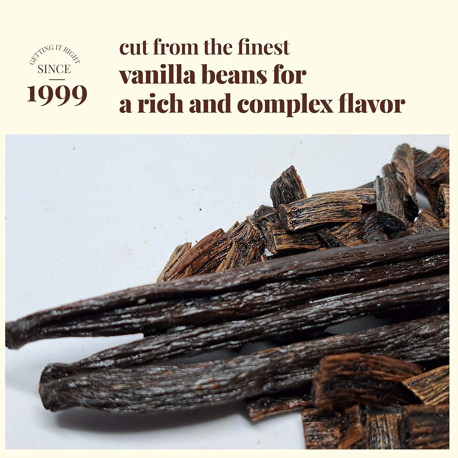 Vanilla beans with text about their origin and flavor on a white 
background

Cut from the finest vanilla beans for a rich and complex flavor