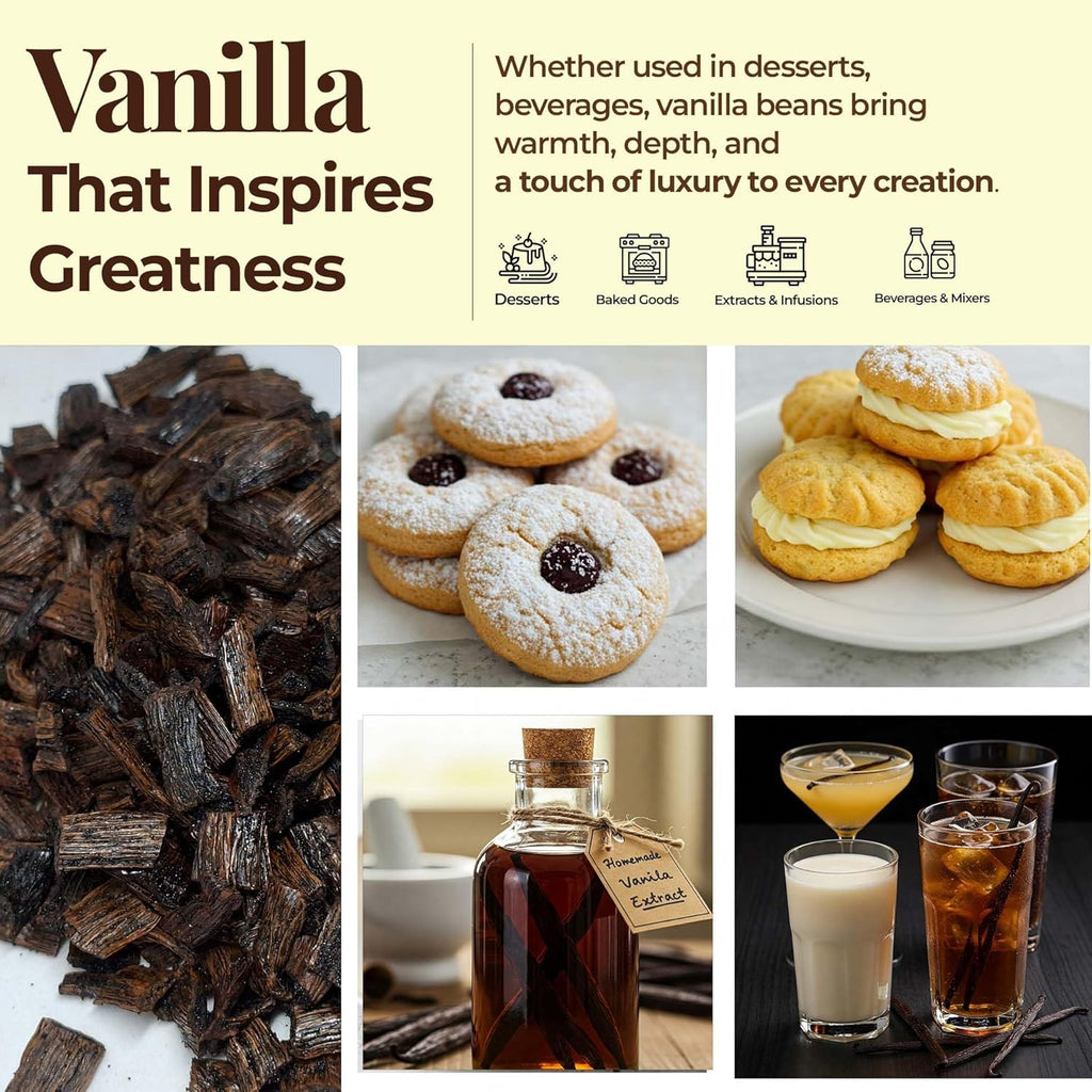 Collage of vanilla beans, cookies, cream puffs, and vanilla extract with text about vanilla's uses.

Vanilla that inspires greatness
Whether used in desserts, beverages, vanilla beans bring warmth, depth,  and a touch of luxury to every creation