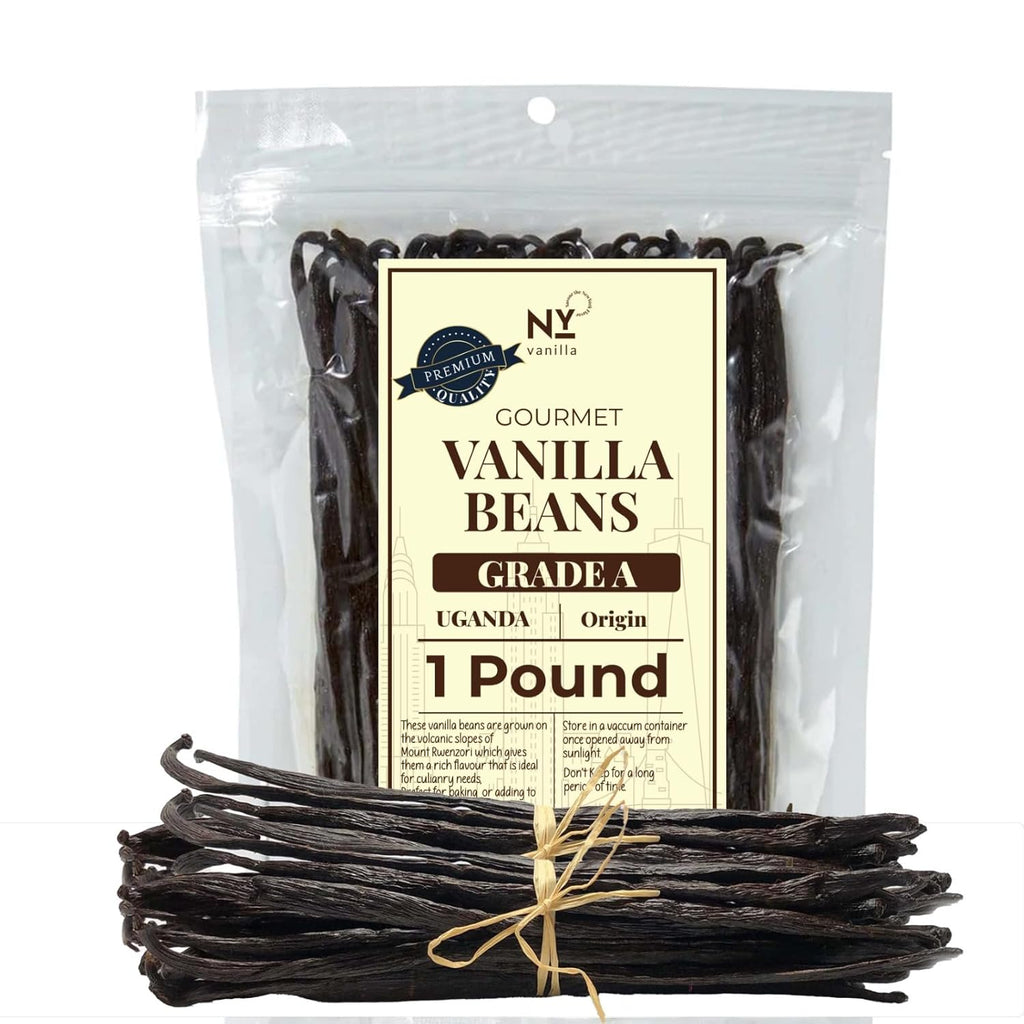 Packaged vanilla beans with a label on a white background.

NY Vanilla | GOURMET VANILLA BEANS GRADE A.

UGANDA | ORIGIN
1 Pound