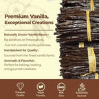Bundled vanilla beans with text about premium vanilla and its qualities on a beige background.