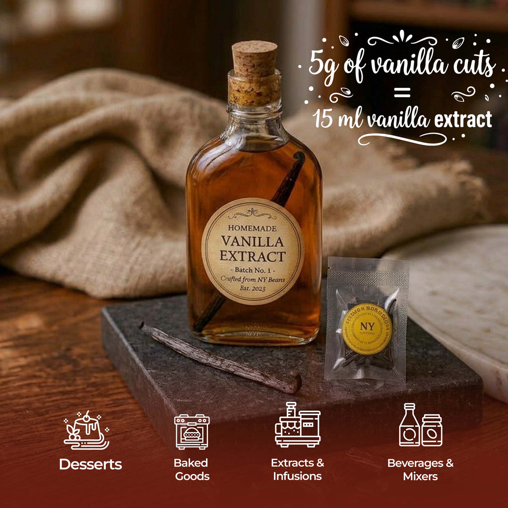 image showing 5g of vanilla cuts = 15 ml vanilla extract