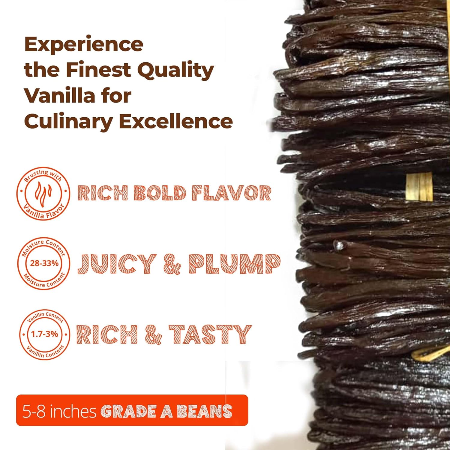 Vanilla beans with text highlighting their quality and characteristics on a white background.

Experience the finest Quality Vanilla for culinary excellence.

- ( Brusting with vanilla flavor ) : RICH BOLD FLAVOR 
- ( Moisture Content : 28%-33% ) : JUICY & PLUMP
- ( Vanillin Content 1.7 - 3% ) : RICH & TASTY

5-8 inches GRADE A BEANS