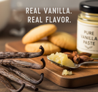 Vanilla beans, vanilla paste on a spoon, and a jar of vanilla paste with text 'Real Vanilla. Real Flavor.'