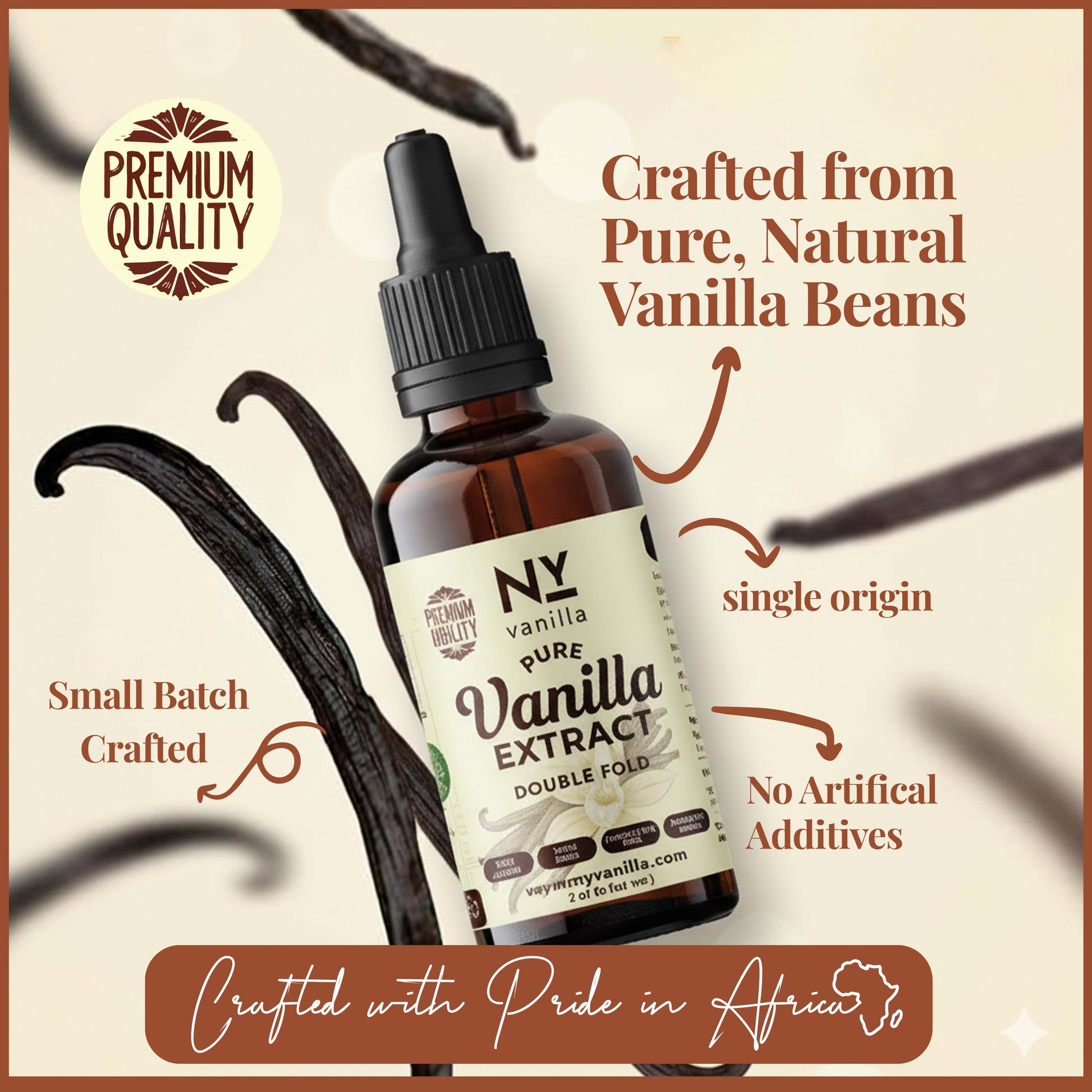Bottle of NY Vanilla pure vanilla extract with vanilla beans on a beige background
