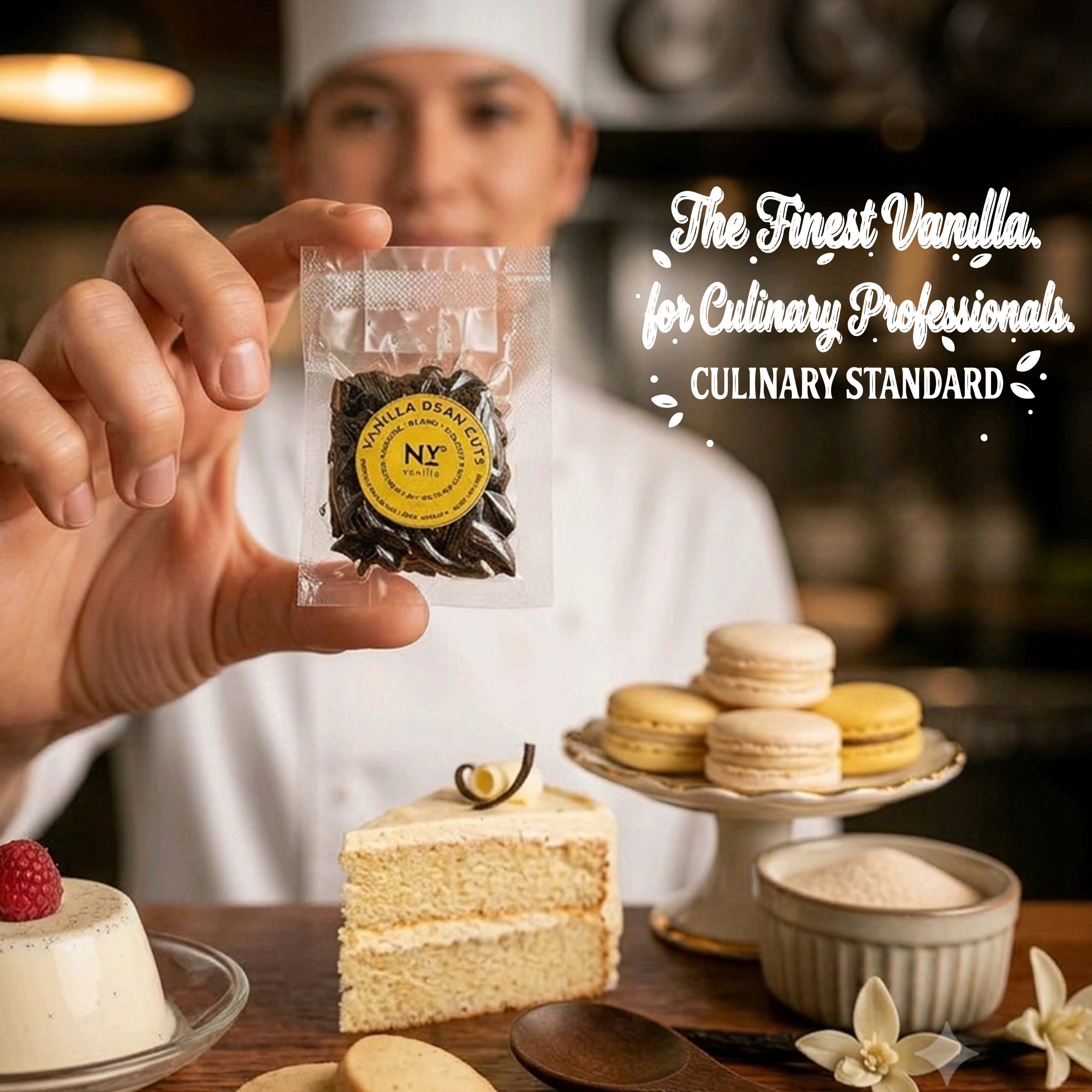 A baker holding a sachet with vanilla bean cuts sachet.
The Finest Vanilla for Culinary Professionals
Culinary Standard.