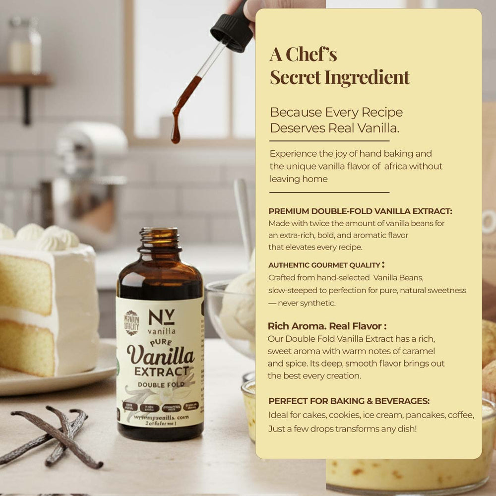 Bottle of vanilla extract with a dropper and text overlay on a kitchen background