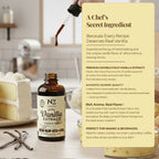 Bottle of vanilla extract with a dropper and text overlay on a kitchen background