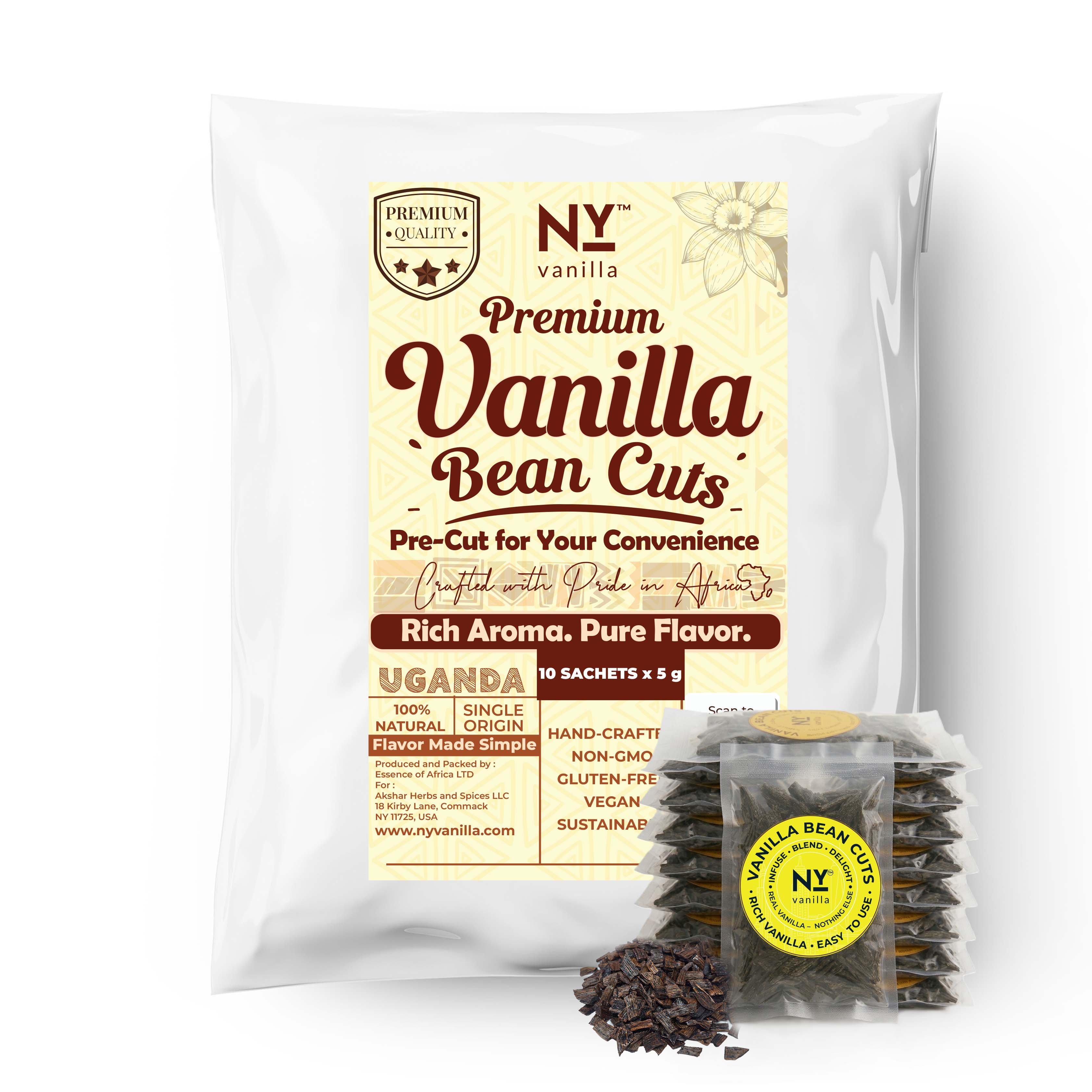 Mock up with Premium Vanilla bean Cuts - Pre-cut for your convenience.
Rich Aroma. Pure Flavor
10 Sachets X 5g