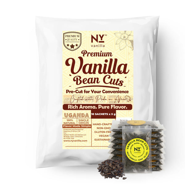 Mock up with Premium Vanilla bean Cuts - Pre-cut for your convenience.
Rich Aroma. Pure Flavor
10 Sachets X 5g