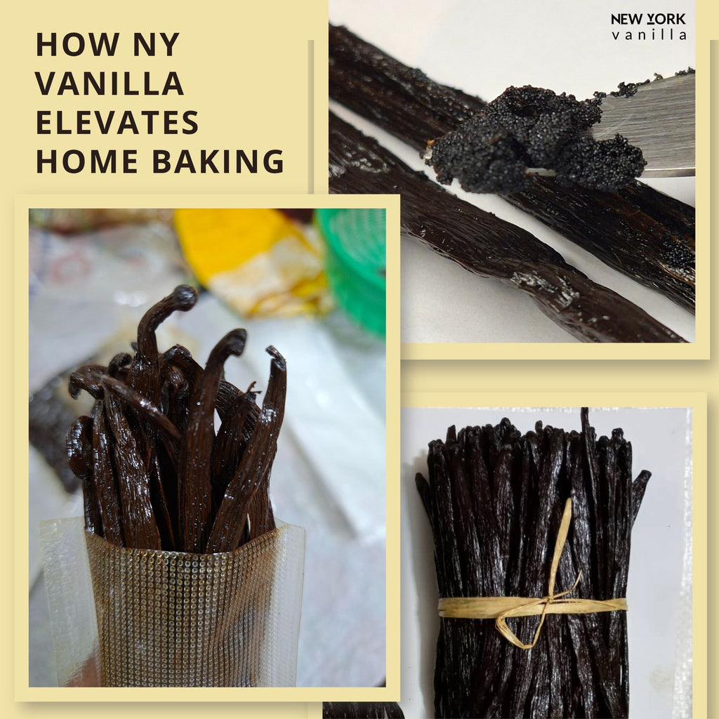 Collage of vanilla beans with text about their use in baking.

How NY VANILLA ELEVATES HOME BAKING