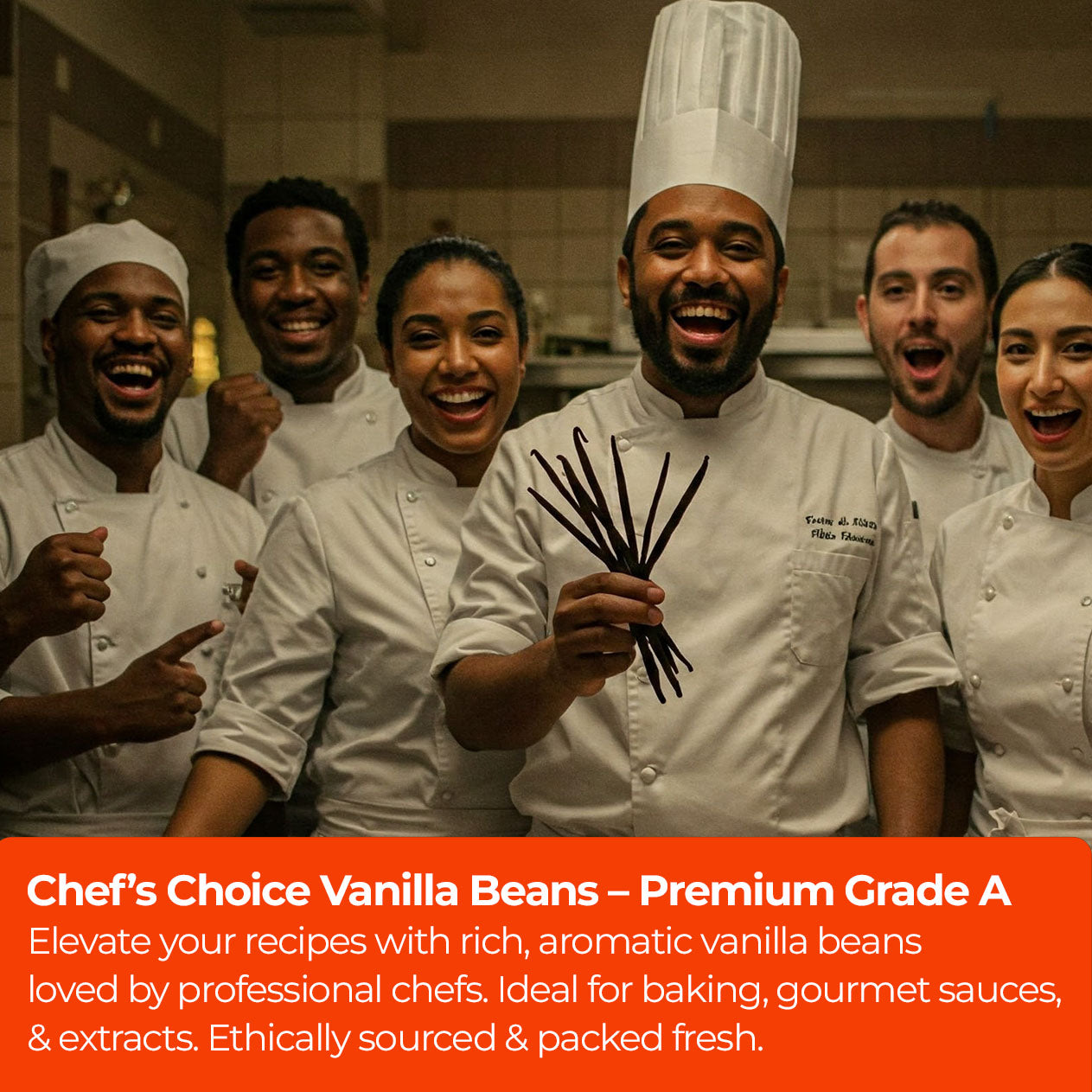 Professional chefs holding premium vanilla beans, showcasing rich aroma, high quality, and perfect for baking and gourmet recipes