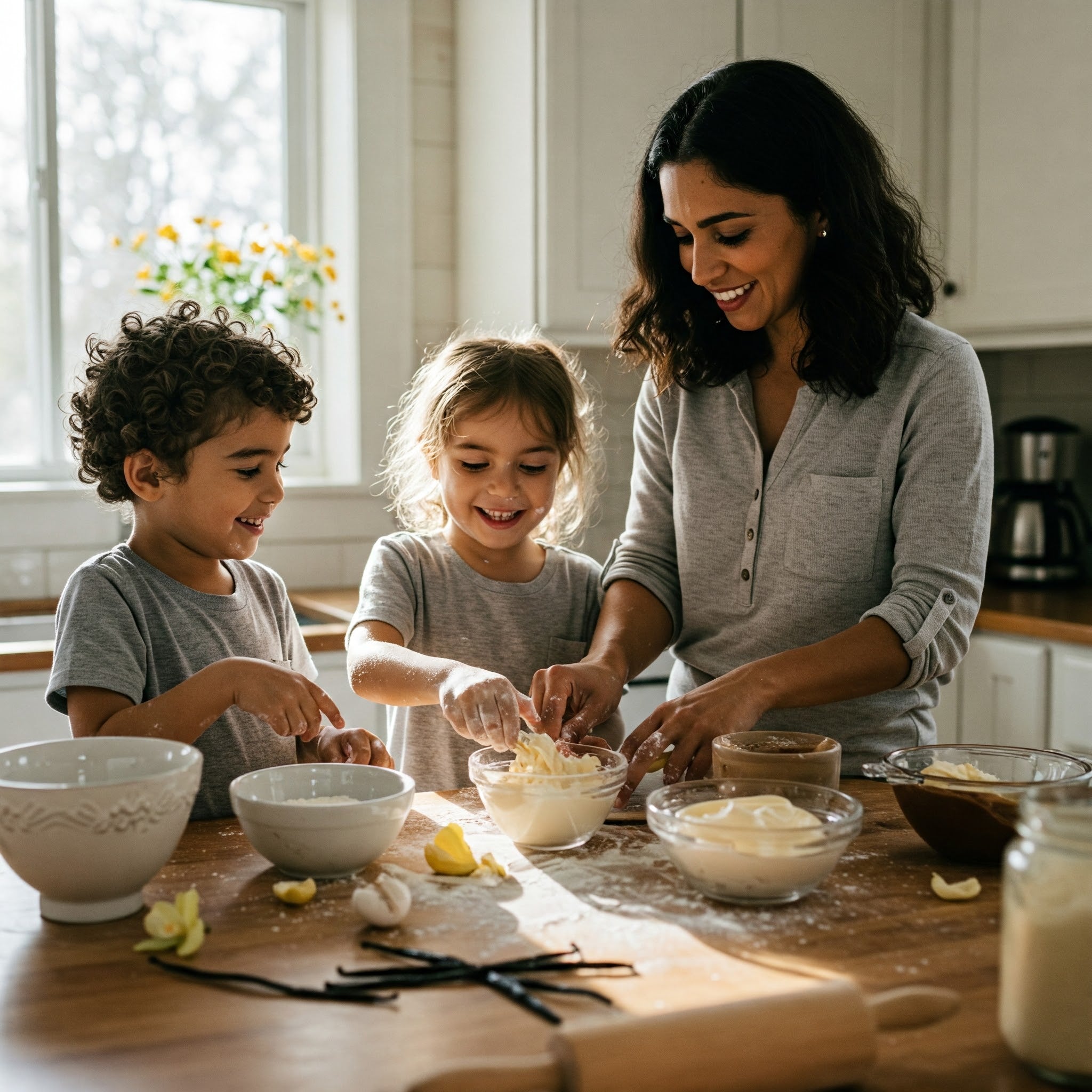 Mother baking with kids in kitchen using vanilla beans mixing ingredients creating homemade desserts fun family cooking moment