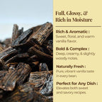 Glossy vanilla bean cuts rich in moisture with bold aroma complex flavor perfect for baking desserts and gourmet cooking