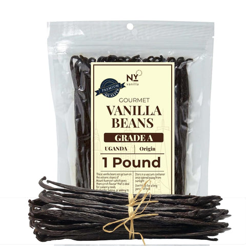 Premium Grade A vanilla beans from Uganda in a 1-pound pack with rich aroma and gourmet quality.