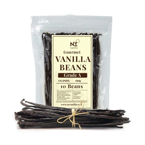 Packaged 10 vanilla beans with a label on a white background

Gourmet vanilla beans Grade A, natural whole pods, premium quality, rich flavor, ideal for baking, cooking, and desserts
