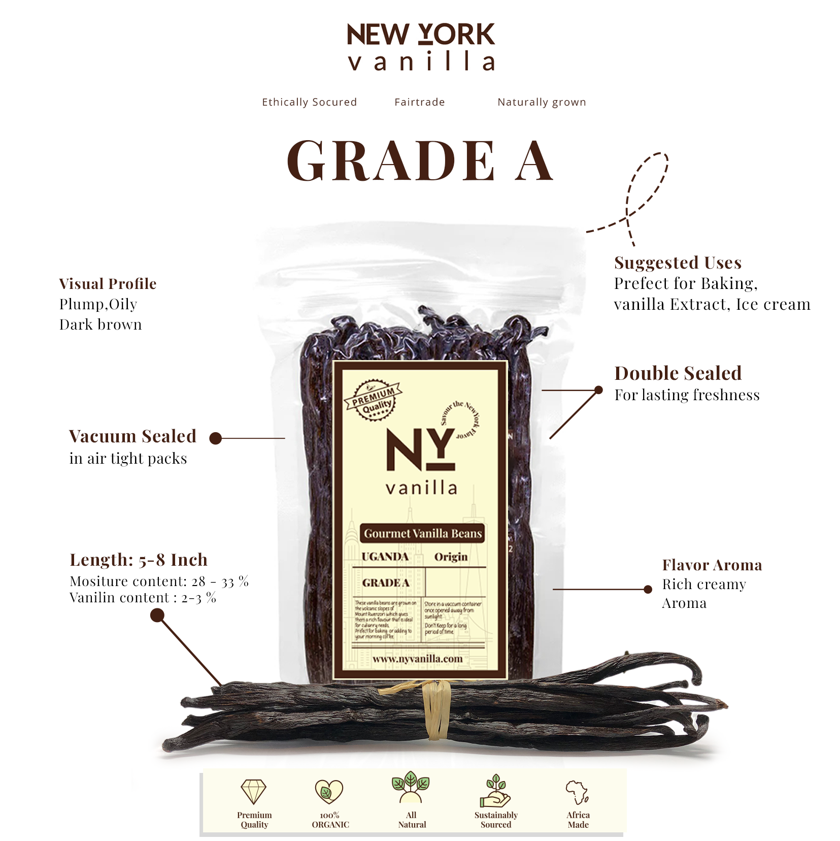 Grade A vanilla beans pack NY Vanilla premium quality 5 to 8 inch pods rich aroma vacuum sealed ideal for baking extracts