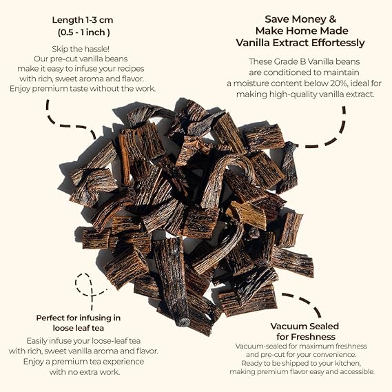 Grade B vanilla bean cuts for extract making – pre-cut, vacuum sealed, and rich in aroma