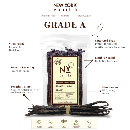 Grade A - suggested uses : Prefect for baking, vanilla extract, ice creams. Double Sealed - for lasting freshness