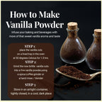Steps to make vanilla powder from cuts showing drying grinding and storing for baking beverages and rich vanilla flavor