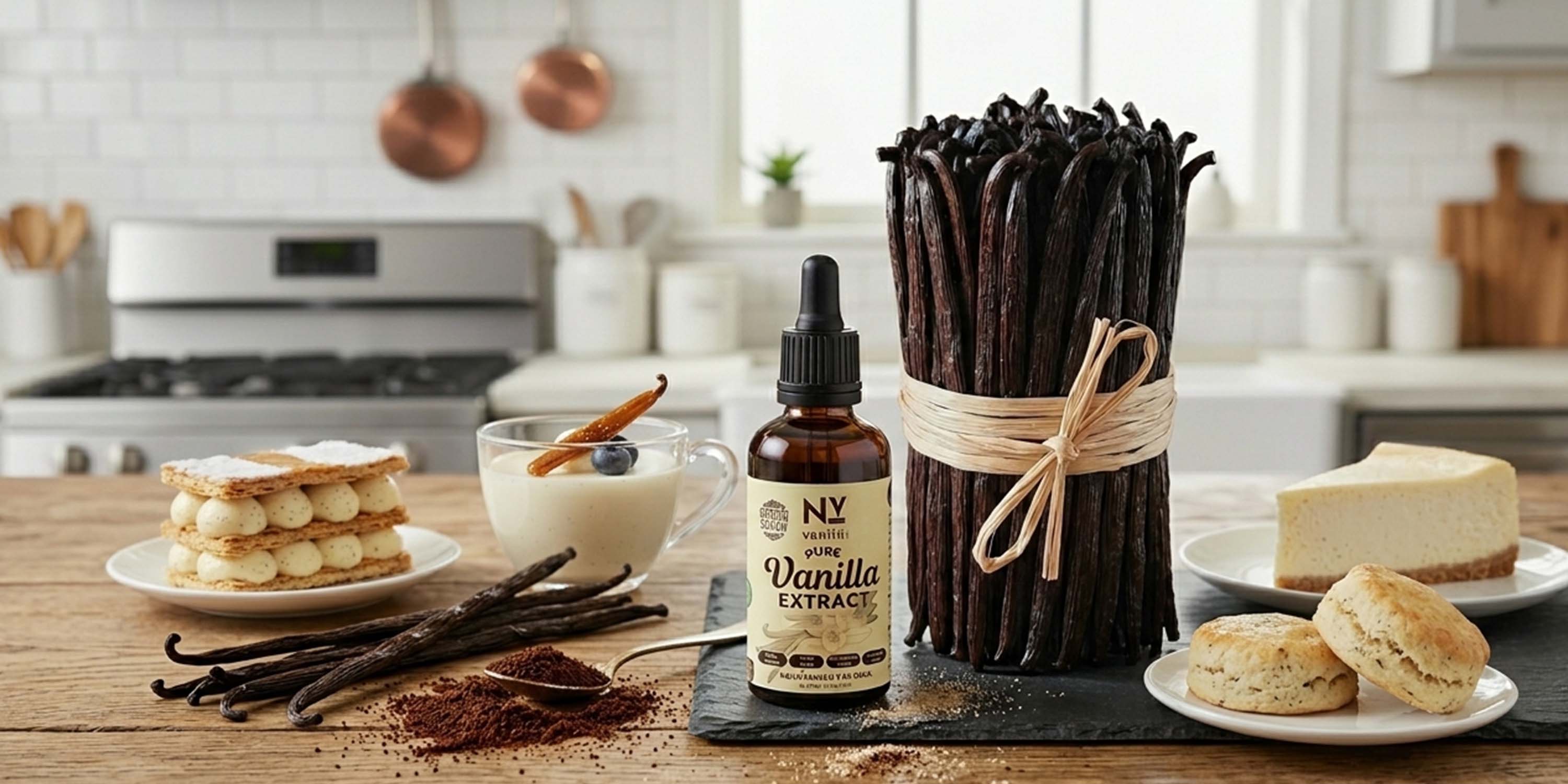 Vanilla extract bottle with vanilla beans and desserts on a kitchen counter