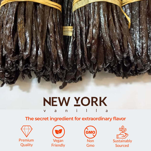 Bundles of premium vanilla beans labeled New York vanilla showing rich aroma glossy texture high quality pods for baking use