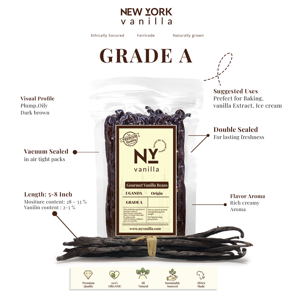 NY Vanilla Grade Beans, plump, oily, vacuum-sealed with rich aroma, ideal for baking, extracts, and gourmet recipes