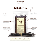 NY Vanilla Grade Beans, plump, oily, vacuum-sealed with rich aroma, ideal for baking, extracts, and gourmet recipes