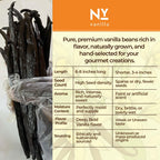 NY Vanilla premium beans 6-8 inches long with rich aroma, high seed density, moist texture, and bold flavor for gourmet use