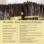 NY Vanilla premium beans handpicked for rich aroma, high vanillin, ideal moisture, and perfect for baking and gourmet recipes