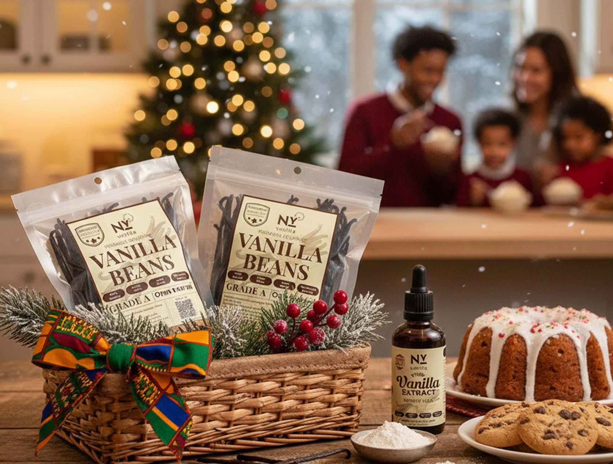 Vanilla beans, a bottle of vanilla extract, and a cake on a table with a family in the background.