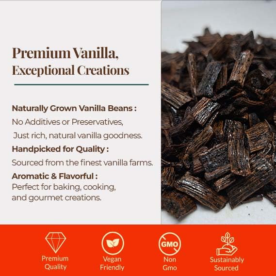 Premium vanilla bean cuts naturally grown handpicked with rich aroma ideal for baking cooking and gourmet creations